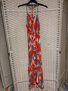 Free People Red Teal Floral Halter Maxi Dress with Asymmetrical Hem